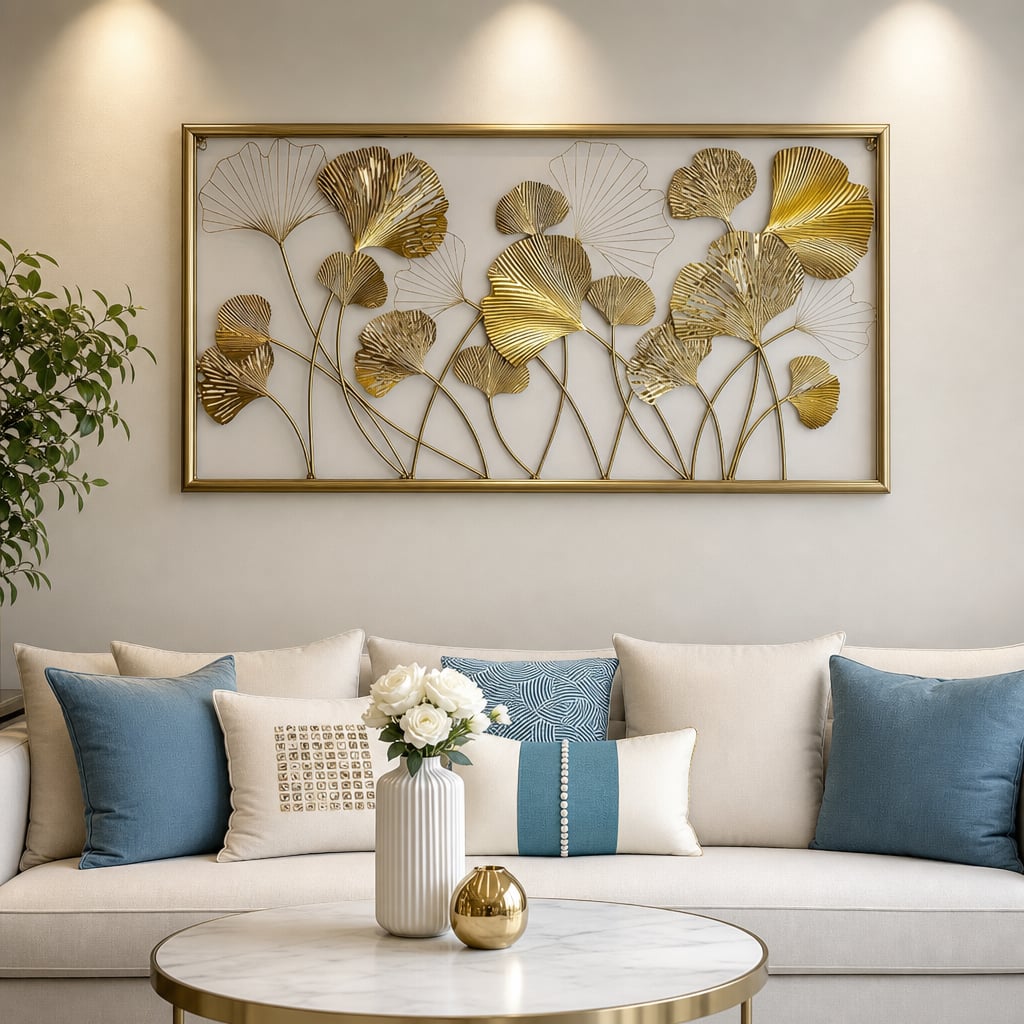 Decoratiune Metalica de Perete LuxCanva® GinkgoAura A0823, din Metal, Orizontala, Auriu, Dimensiune Mare 125 x 60 cm