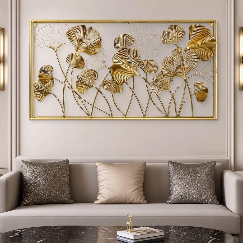 Decoratiune Metalica de Perete LuxCanva® GinkgoAura A0823, din Metal, Orizontala, Auriu, Dimensiune Mare 125 x 60 cm