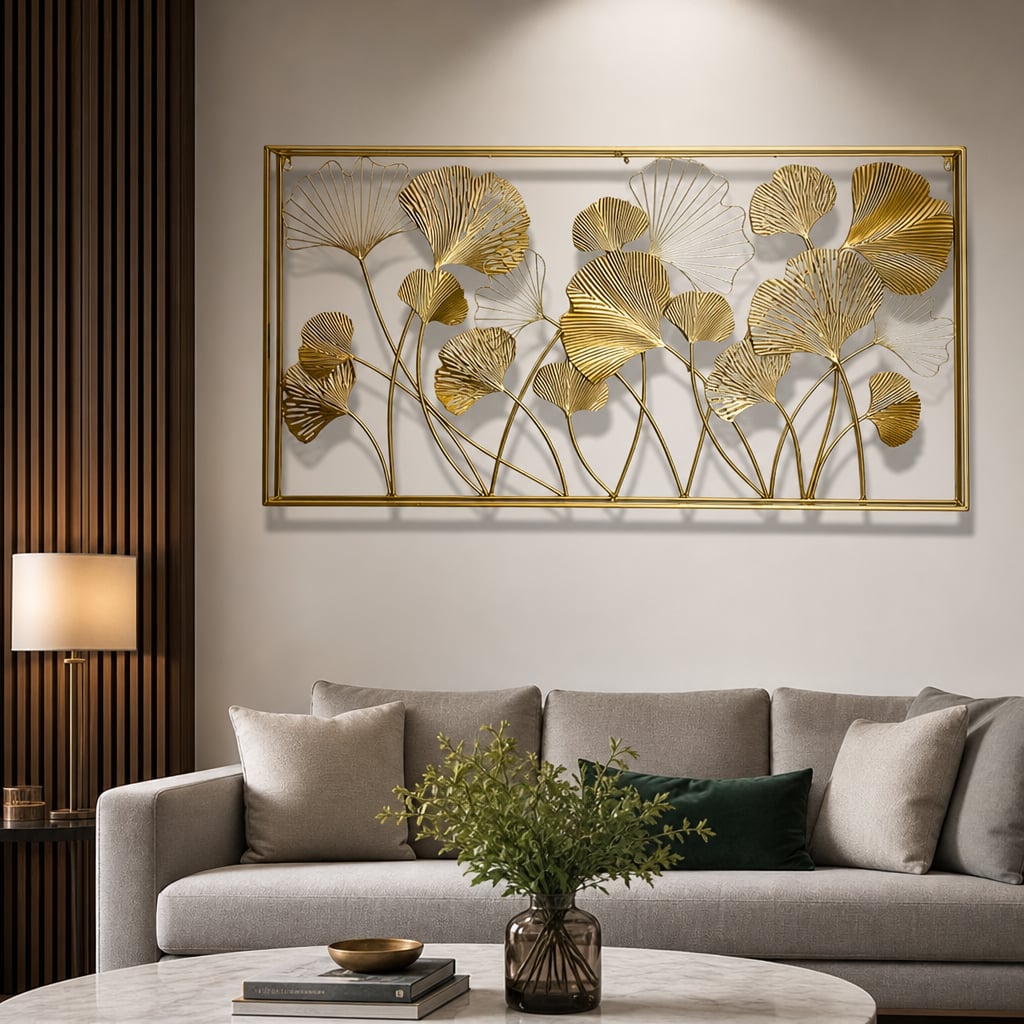 Decoratiune Metalica de Perete LuxCanva® GinkgoAura A0823, din Metal, Orizontala, Auriu, Dimensiune Mare 125 x 60 cm