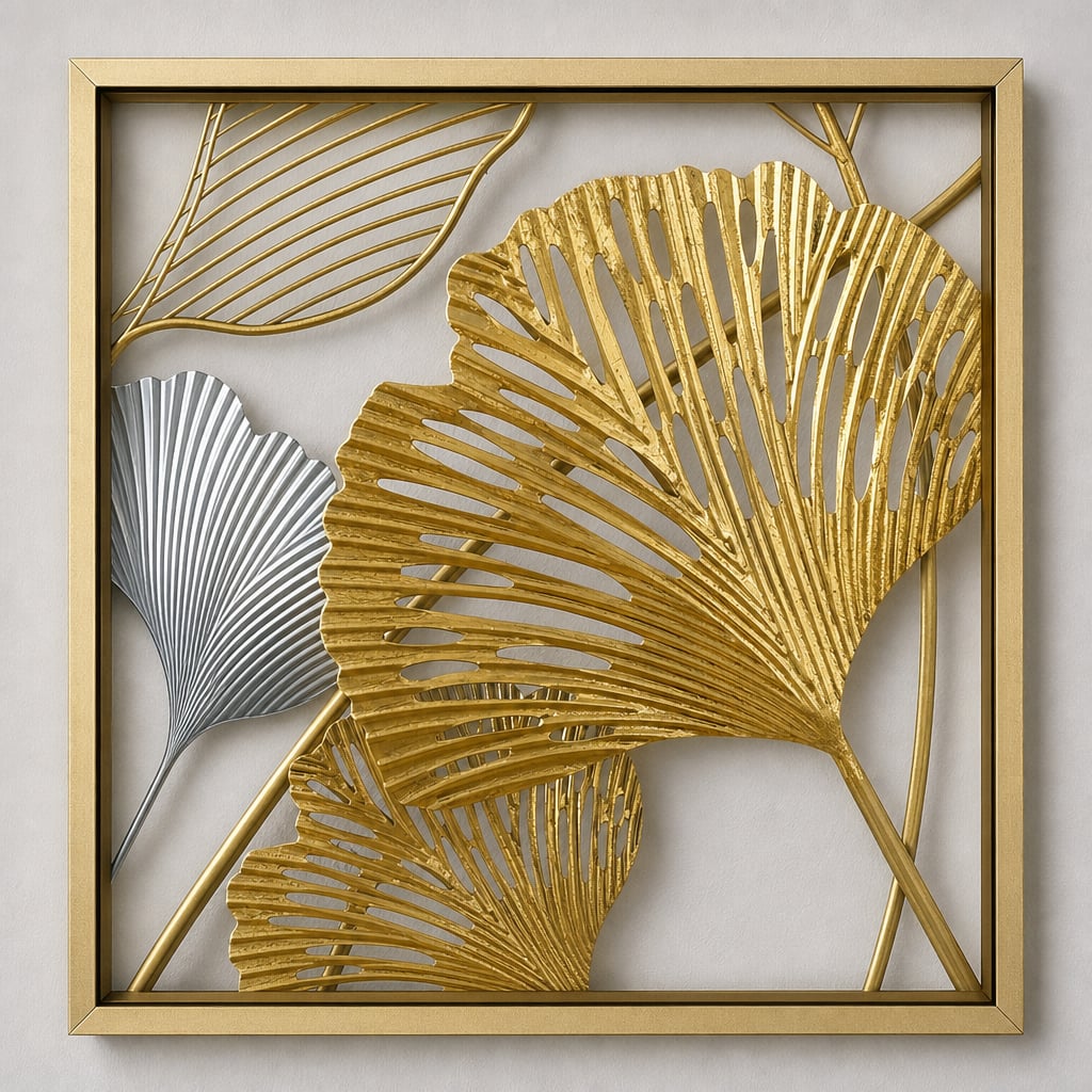 Decoratiune Metalica de Perete LuxCanva® GinkgoAura A0823, din Metal, Orizontala, Auriu, Dimensiune Mare 125 x 60 cm