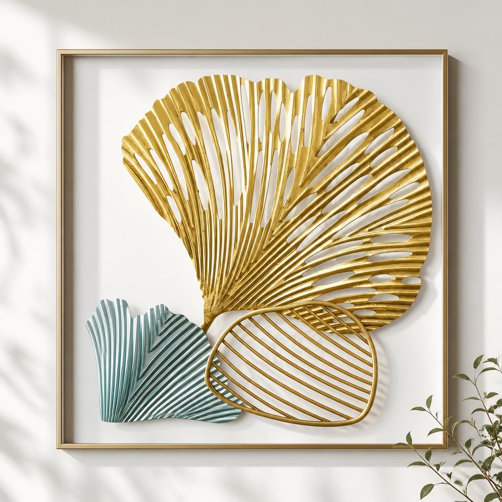 Decoratiune Metalica de Perete LuxCanva® GinkgoAura A0823, din Metal, Orizontala, Auriu, Dimensiune Mare 125 x 60 cm
