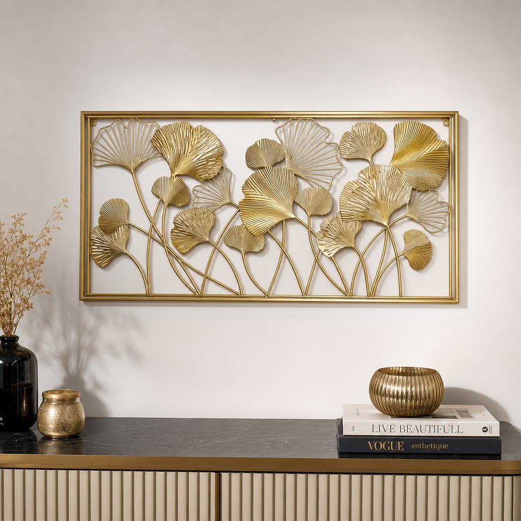 Decoratiune Metalica de Perete LuxCanva® GinkgoAura A0823, din Metal, Orizontala, Auriu, Dimensiune Mare 125 x 60 cm
