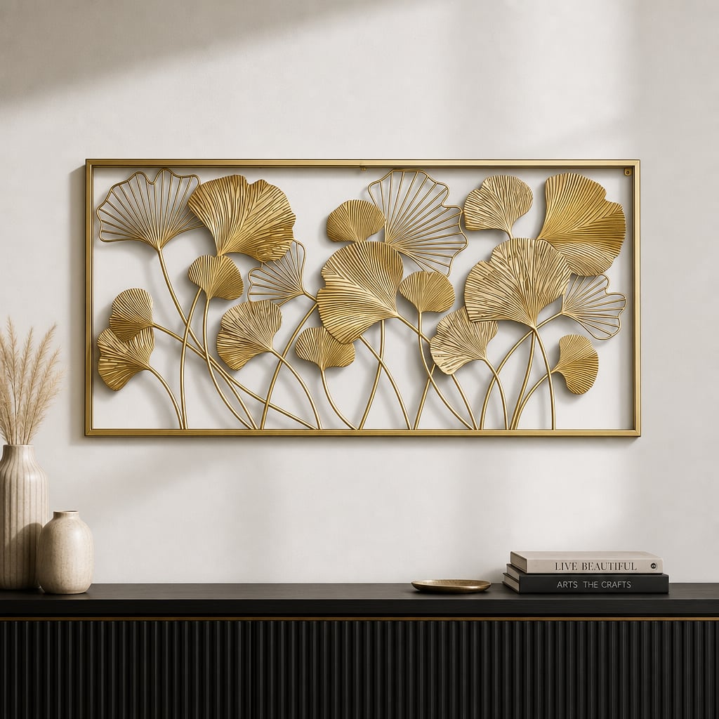 Decoratiune Metalica de Perete LuxCanva® GinkgoAura A0823, din Metal, Orizontala, Auriu, Dimensiune Mare 125 x 60 cm