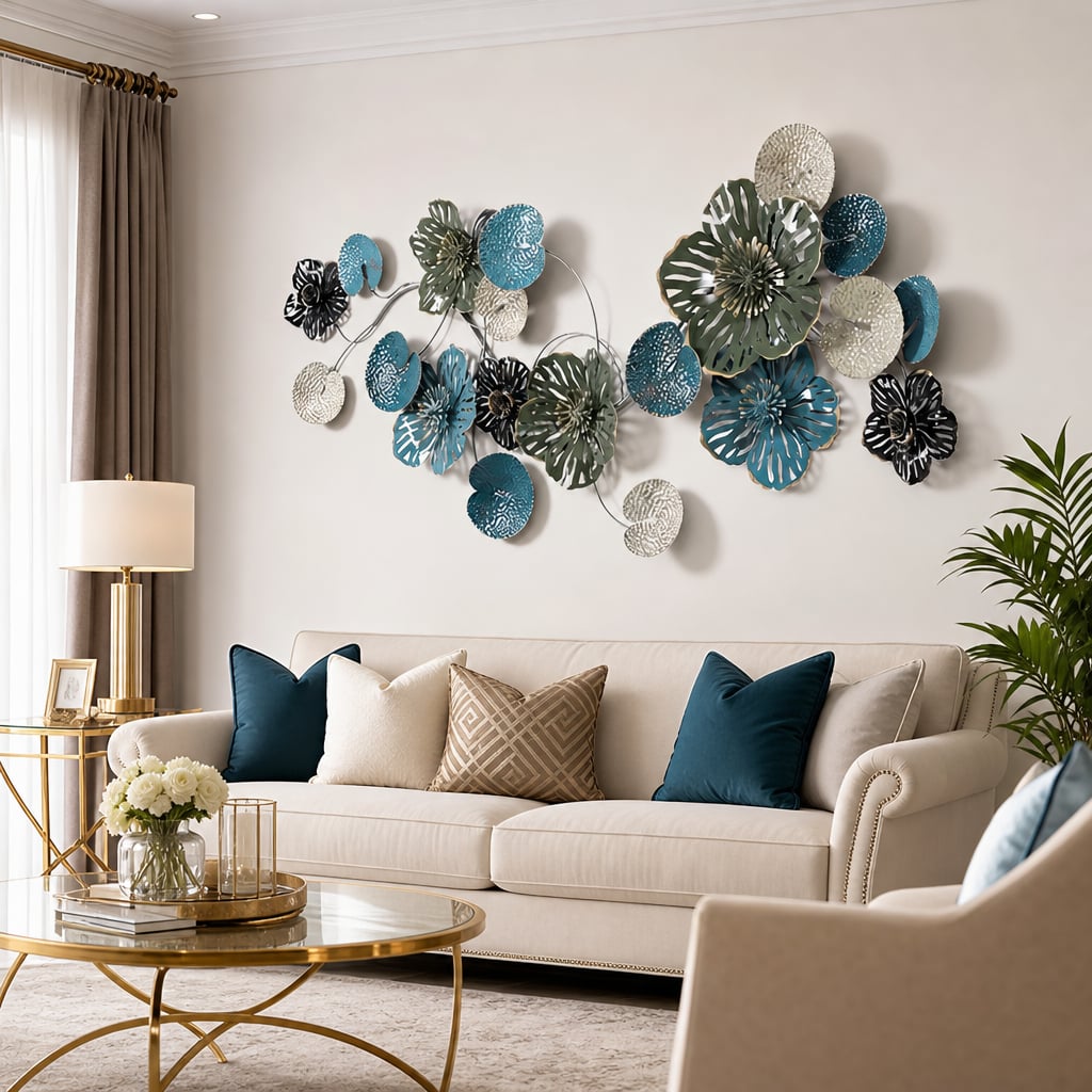 Decoratiune Metalica de Perete LuxCanva® OceanWhisper A0391, din Metal, Orizontala, Albastru, Auriu, Alb, Negru, Dimensiune Mare 157 x 70 x 7 cm