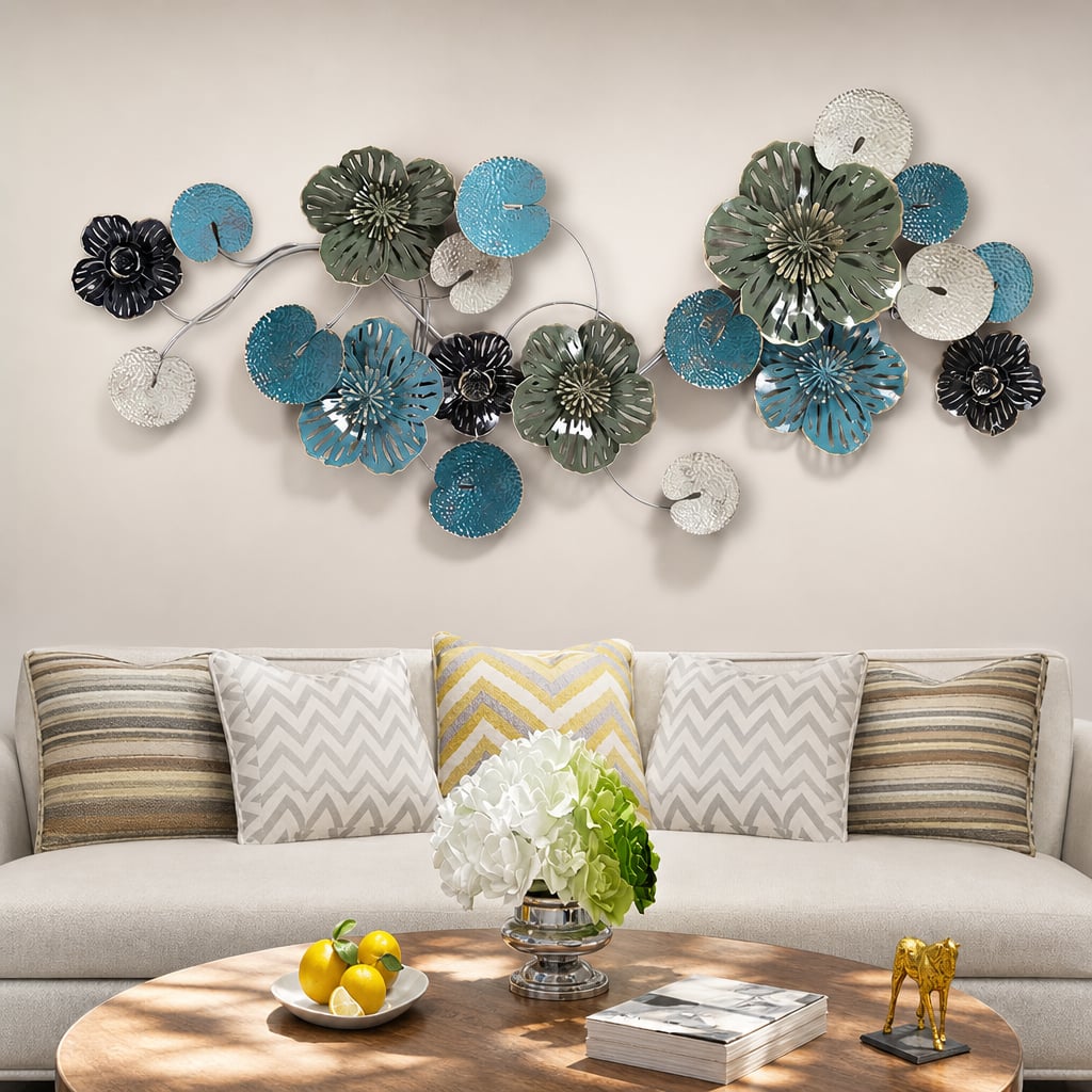 Decoratiune Metalica de Perete LuxCanva® OceanWhisper A0391, din Metal, Orizontala, Albastru, Auriu, Alb, Negru, Dimensiune Mare 157 x 70 x 7 cm