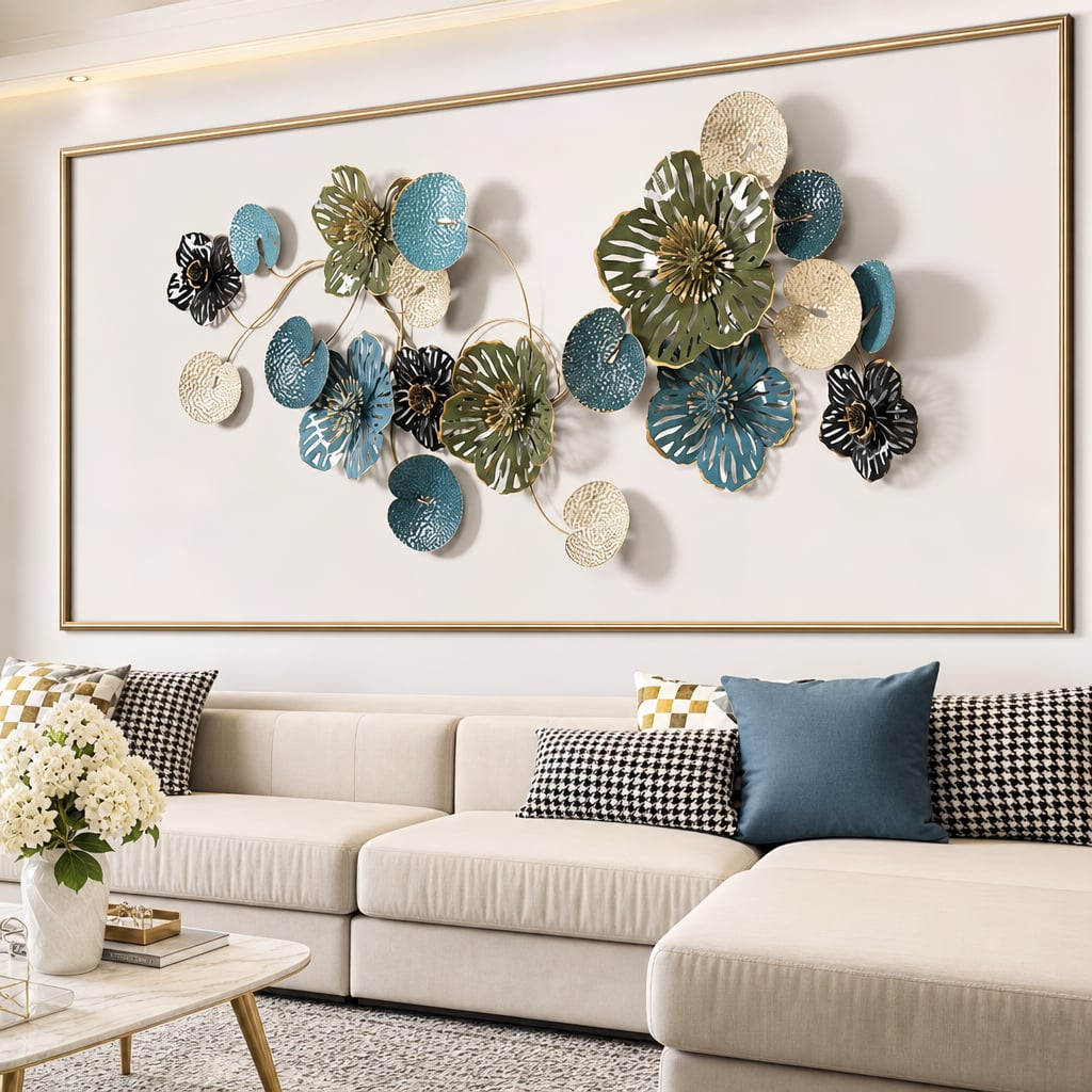 Decoratiune Metalica de Perete LuxCanva® OceanWhisper A0391, din Metal, Orizontala, Albastru, Auriu, Alb, Negru, Dimensiune Mare 157 x 70 x 7 cm