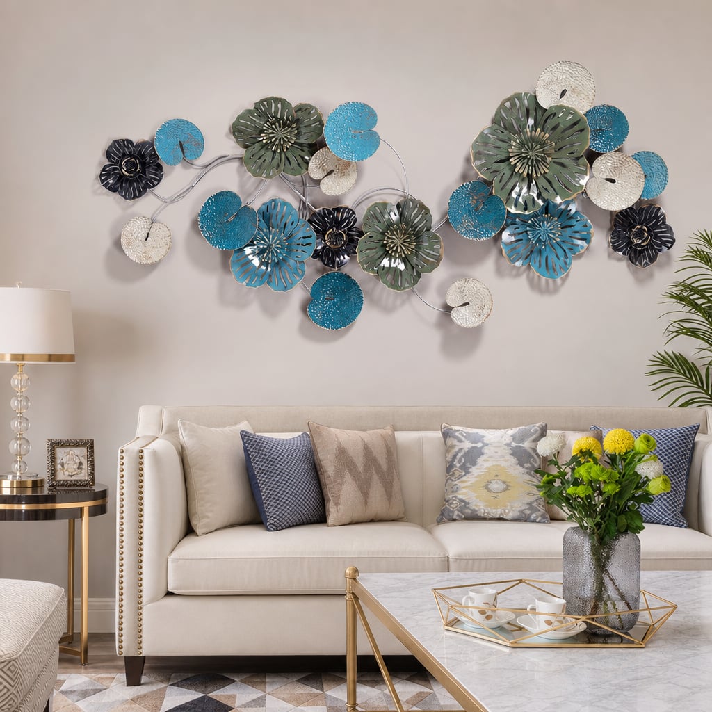 Decoratiune Metalica de Perete LuxCanva® OceanWhisper A0391, din Metal, Orizontala, Albastru, Auriu, Alb, Negru, Dimensiune Mare 157 x 70 x 7 cm