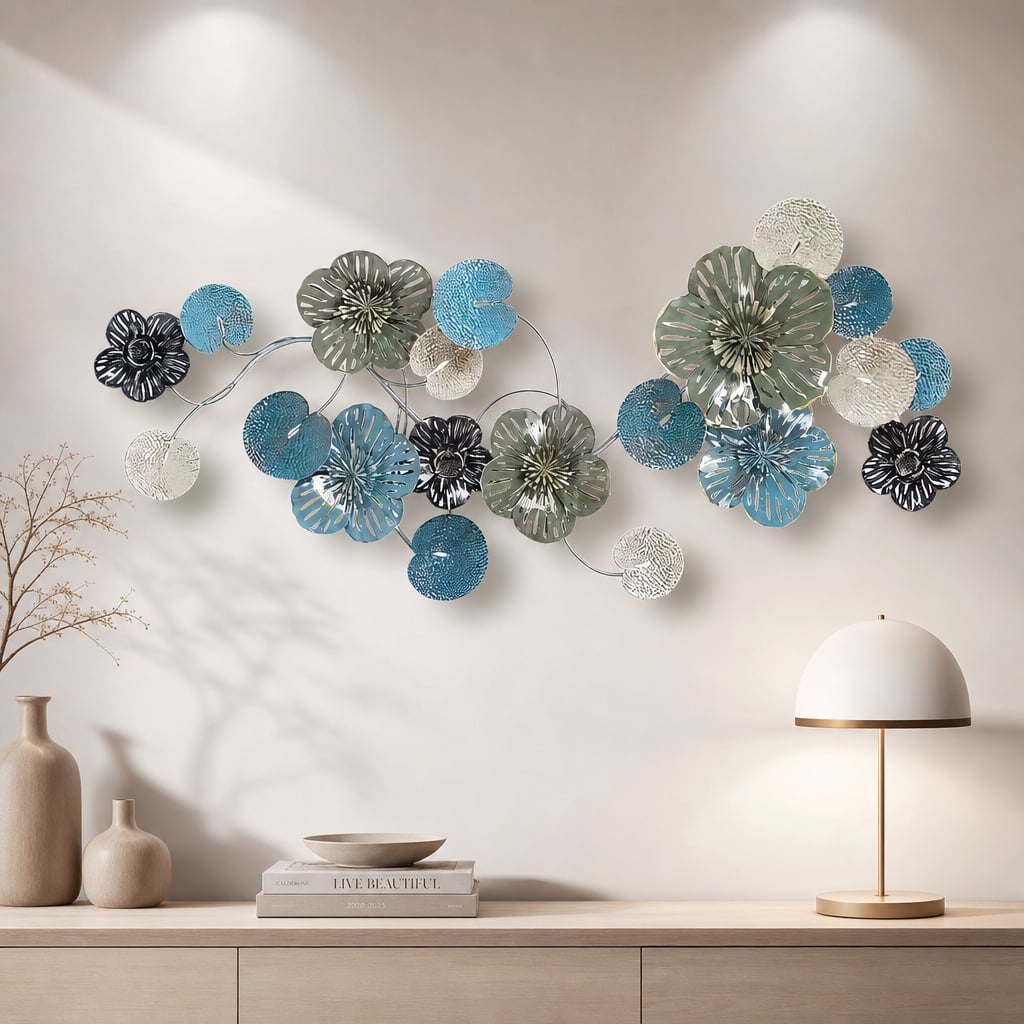 Decoratiune Metalica de Perete LuxCanva® OceanWhisper A0391, din Metal, Orizontala, Albastru, Auriu, Alb, Negru, Dimensiune Mare 157 x 70 x 7 cm