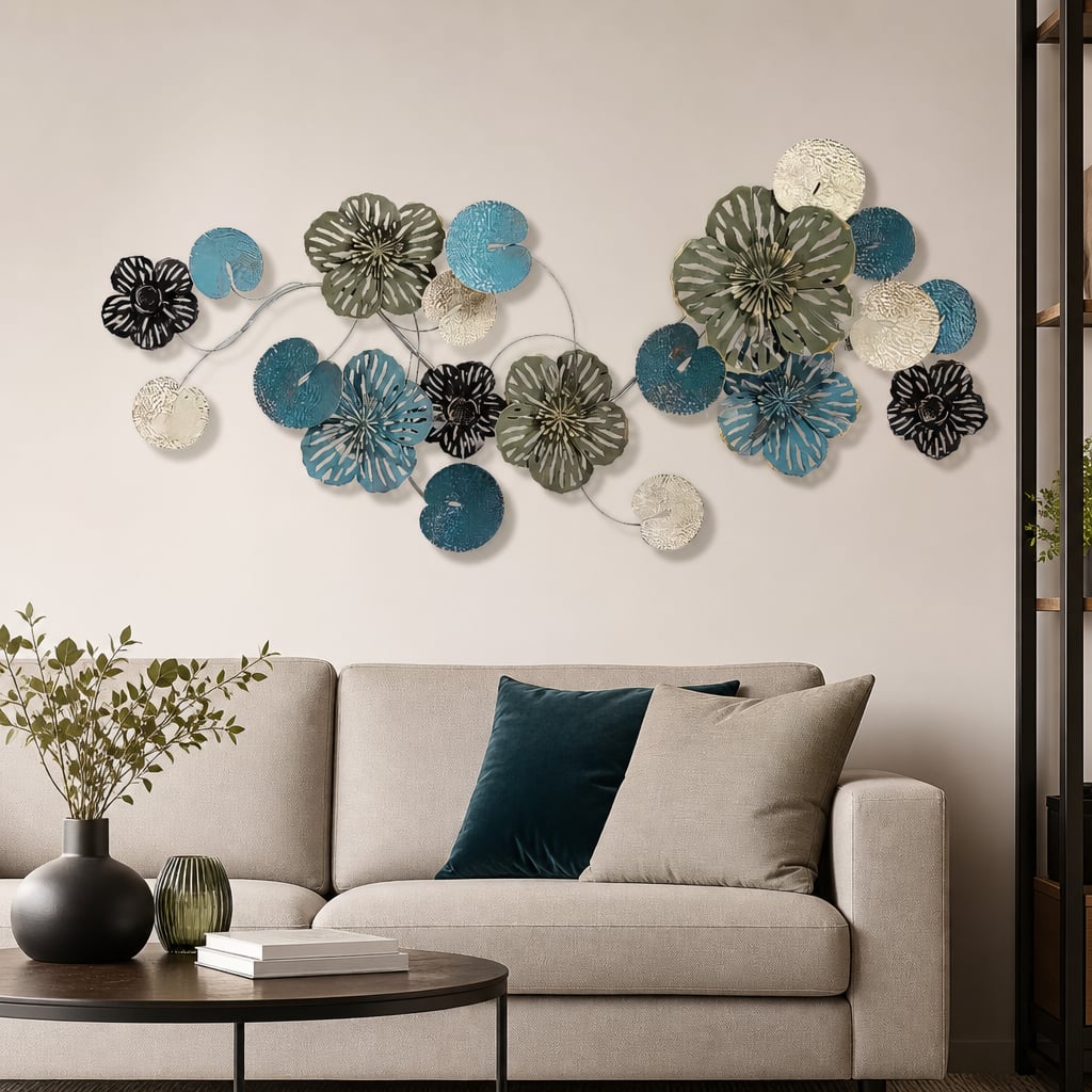 Decoratiune Metalica de Perete LuxCanva® OceanWhisper A0391, din Metal, Orizontala, Albastru, Auriu, Alb, Negru, Dimensiune Mare 157 x 70 x 7 cm
