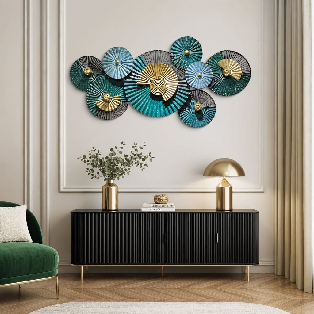 Metall Wanddekoration LuxCanva® EmeraldVanity A2018, aus Metall, Horizontal, Grün, Gold, Großformat 134 x 67 cm
