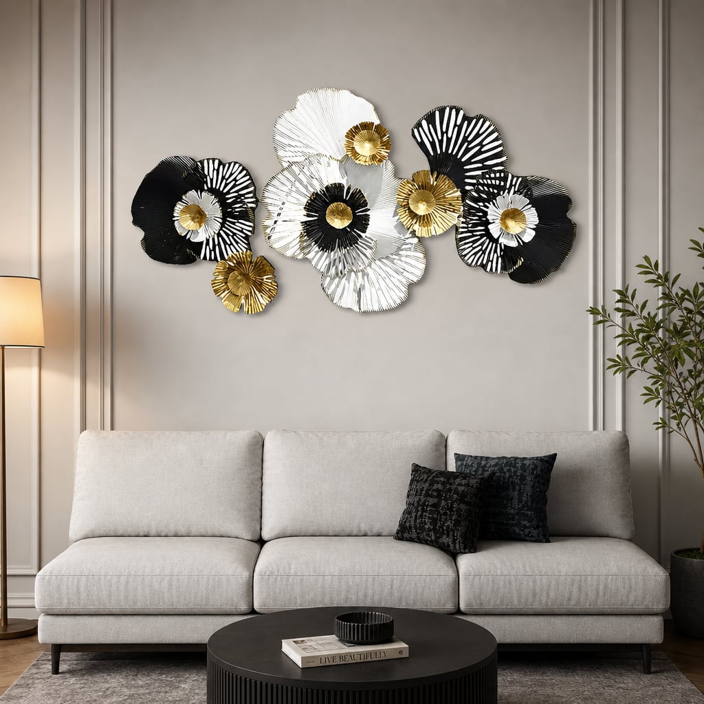 Metall Wanddekoration LuxCanva® RoyalSimplicity A0963, Metall, Horizontal, Schwarz, Gold, Weiß, Groß 155 x 70 cm