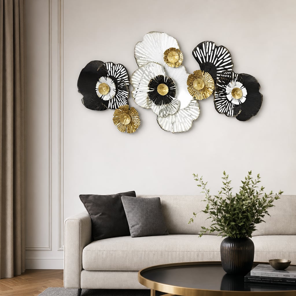 Metall Wanddekoration LuxCanva® RoyalSimplicity A0963, Metall, Horizontal, Schwarz, Gold, Weiß, Groß 155 x 70 cm