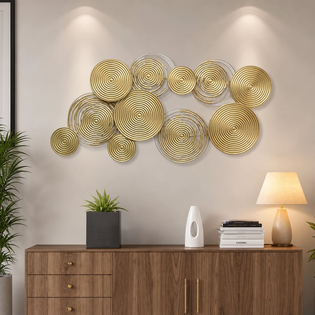 Decoratiune Metalica de Perete LuxCanva® Mistique Desire A2594, din Metal, Orizontal, Auriu, Dimensiune Mare 116 x 62 cm