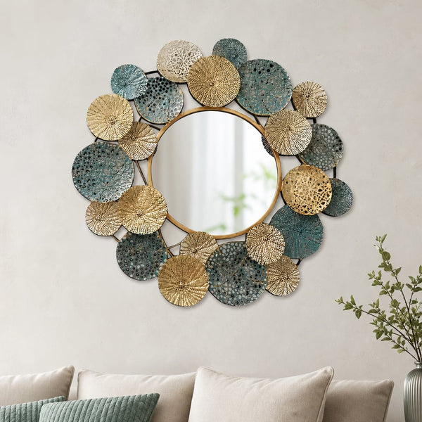 Metall Wanddekoration LuxCanva® OpalCircles A0921, Metall, Rund, Gold, Grün, Großformat 84 × 73 × 3 cm