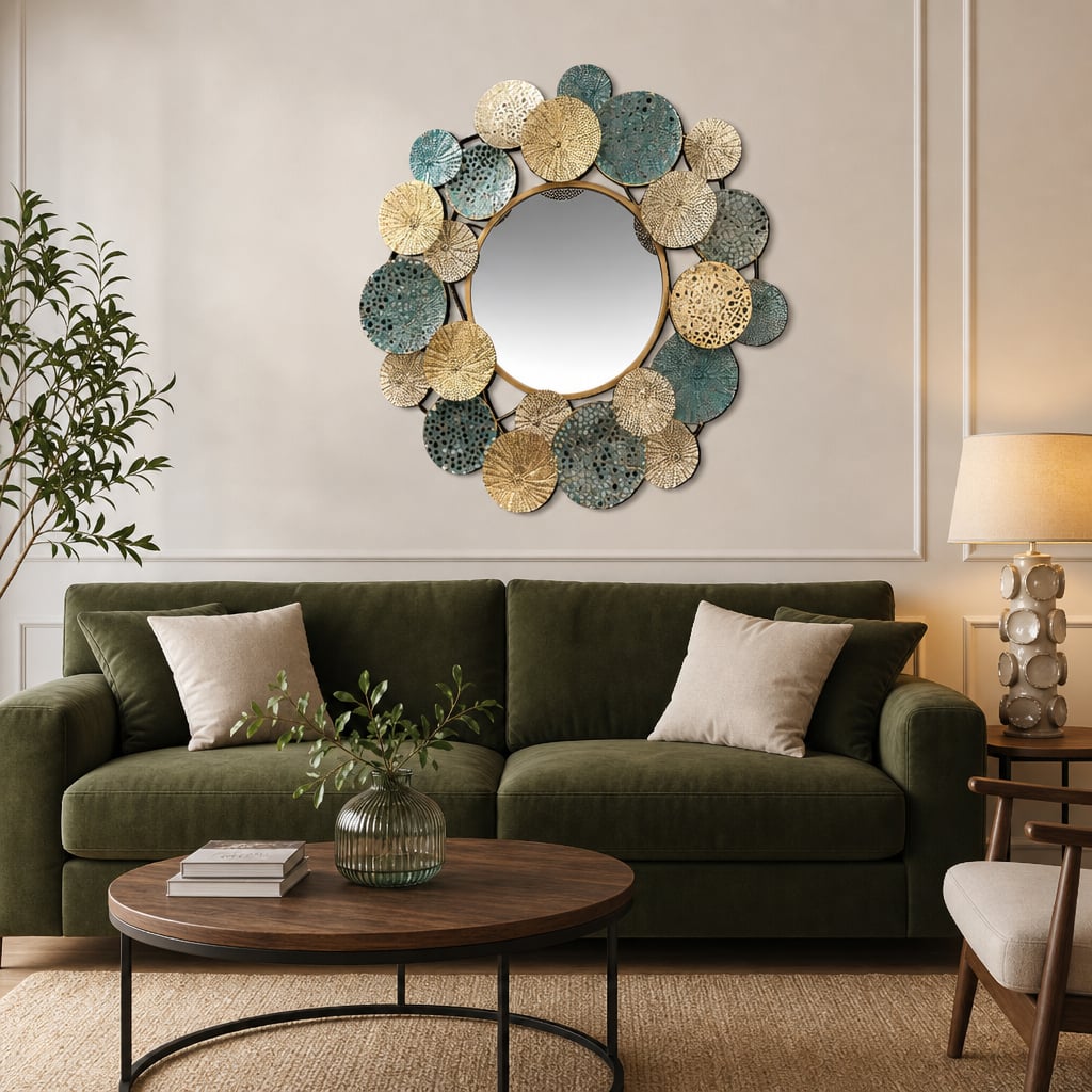 Decoratiune Metalica de Perete LuxCanva® OpalCircles A0921, din Metal, Rotunda, Auriu, Verde, Dimensiune Mare 84 × 73 x 3 cm