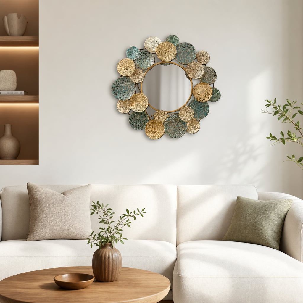 Decoratiune Metalica de Perete LuxCanva® OpalCircles A0921, din Metal, Rotunda, Auriu, Verde, Dimensiune Mare 84 × 73 x 3 cm