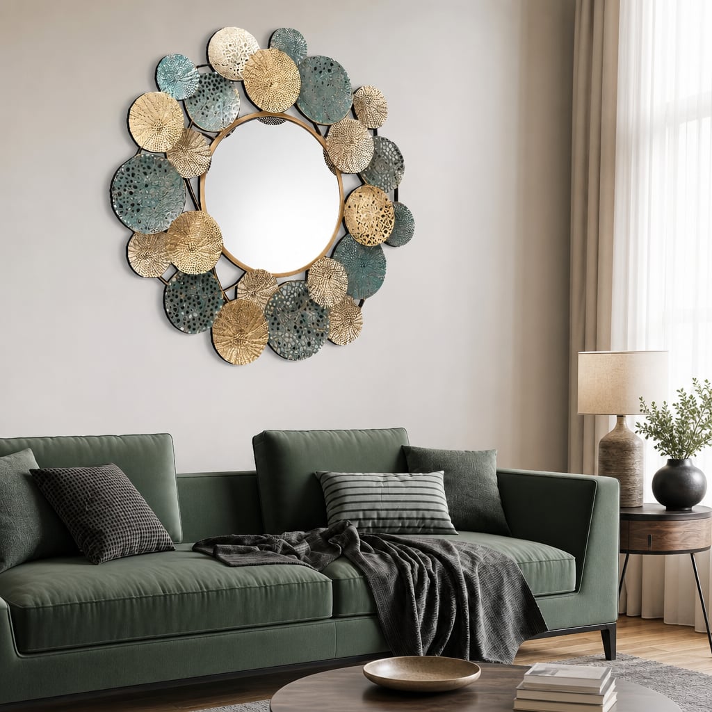 Decoratiune Metalica de Perete LuxCanva® OpalCircles A0921, din Metal, Rotunda, Auriu, Verde, Dimensiune Mare 84 × 73 x 3 cm