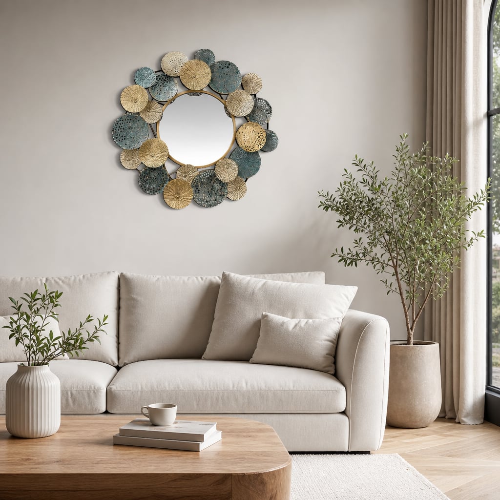 Decoratiune Metalica de Perete LuxCanva® OpalCircles A0921, din Metal, Rotunda, Auriu, Verde, Dimensiune Mare 84 × 73 x 3 cm