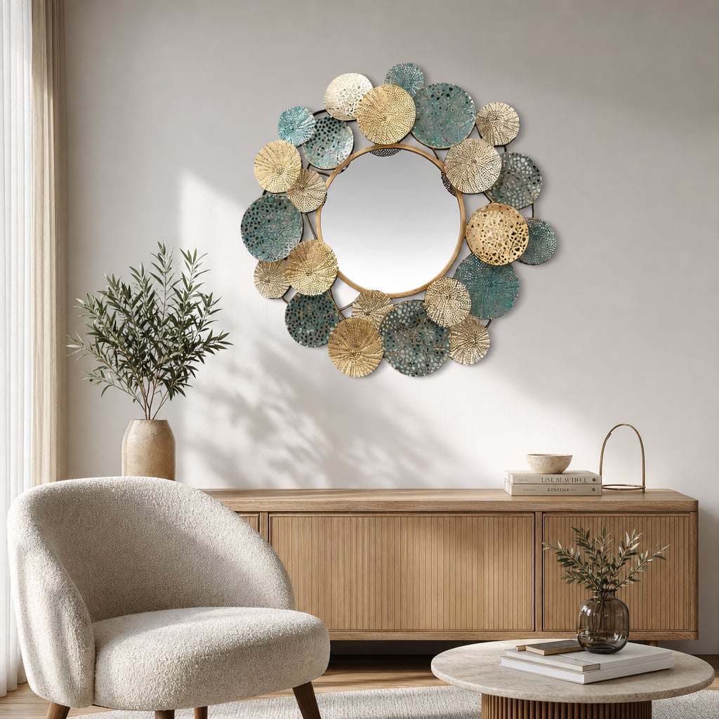 Decoratiune Metalica de Perete LuxCanva® OpalCircles A0921, din Metal, Rotunda, Auriu, Verde, Dimensiune Mare 84 × 73 x 3 cm