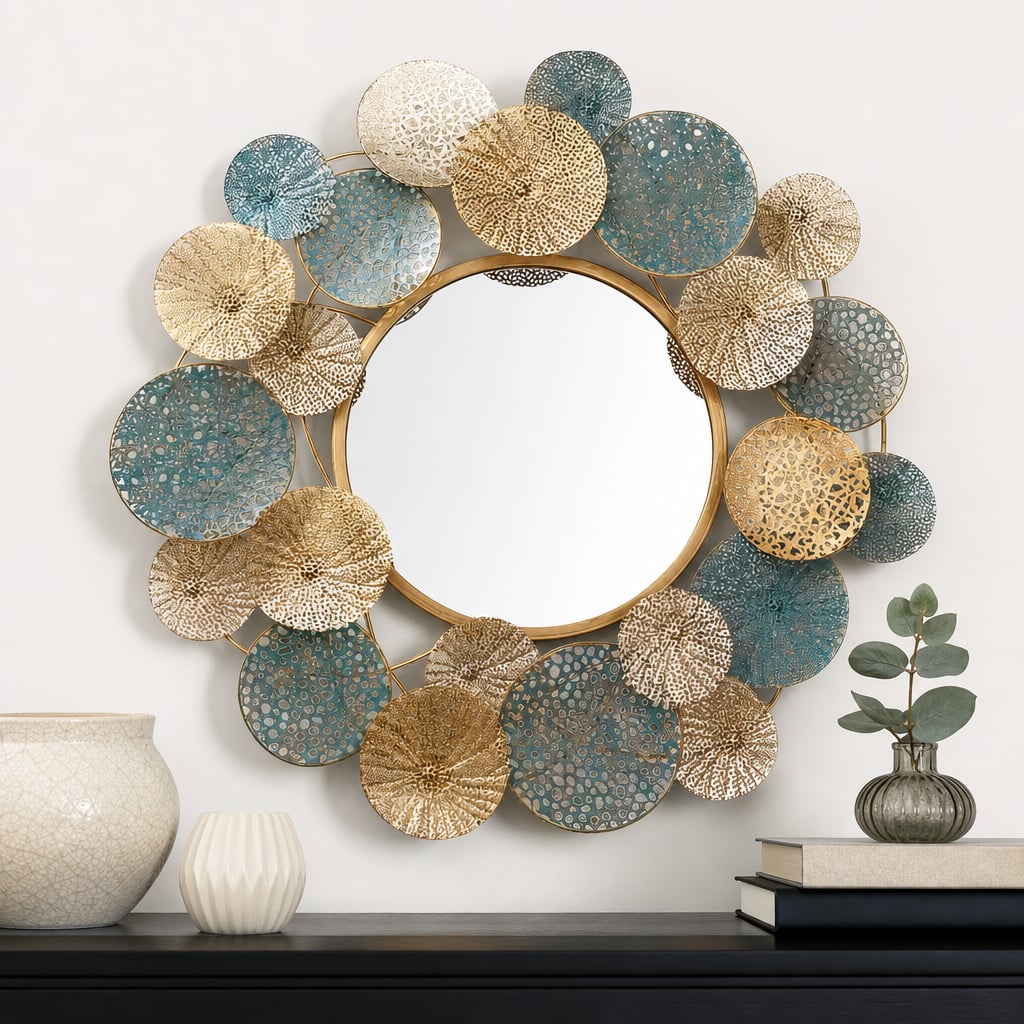 Decoratiune Metalica de Perete LuxCanva® OpalCircles A0921, din Metal, Rotunda, Auriu, Verde, Dimensiune Mare 84 × 73 x 3 cm