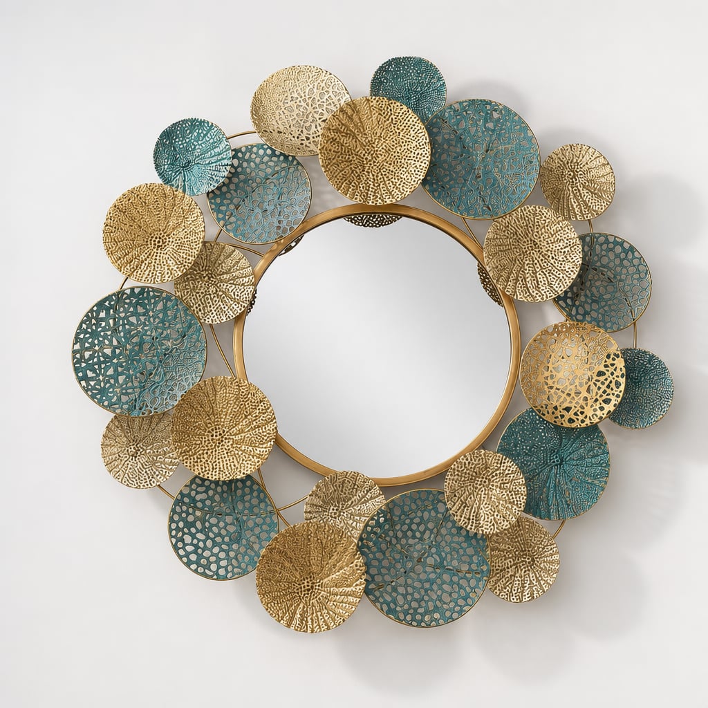 Decoratiune Metalica de Perete LuxCanva® OpalCircles A0921, din Metal, Rotunda, Auriu, Verde, Dimensiune Mare 84 × 73 x 3 cm