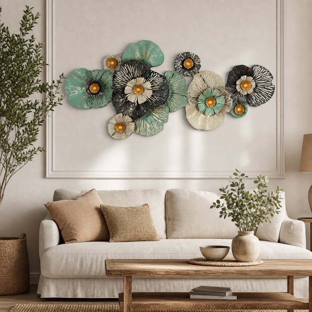 Metall Wanddekoration LuxCanva® FloraHarmony A0662, Metall, Horizontal, Gold, Weiß, Schwarz, Grün, Großformat 159 × 74 × 11 cm