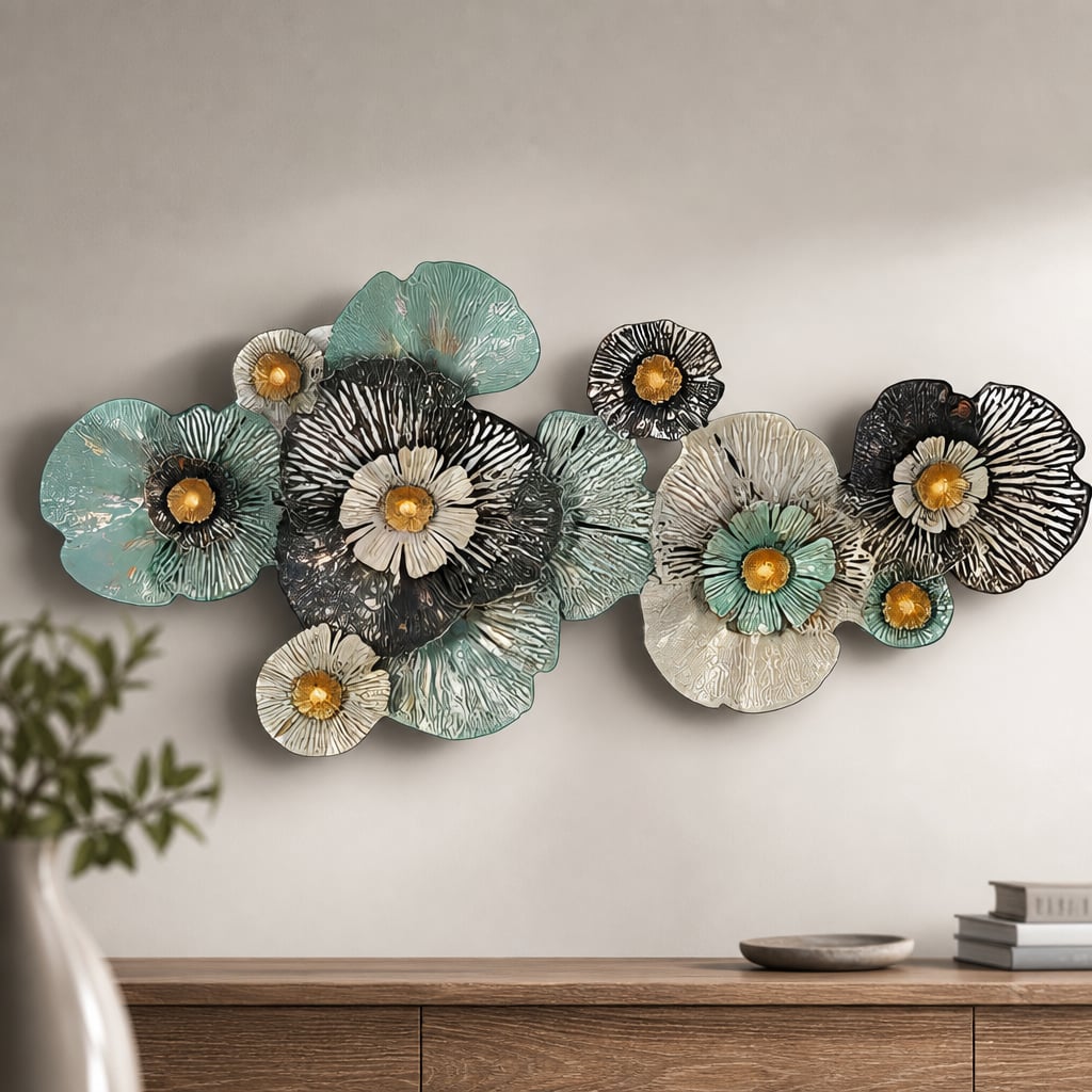 Metall Wanddekoration LuxCanva® FloraHarmony A0662, Metall, Horizontal, Gold, Weiß, Schwarz, Grün, Großformat 159 × 74 × 11 cm