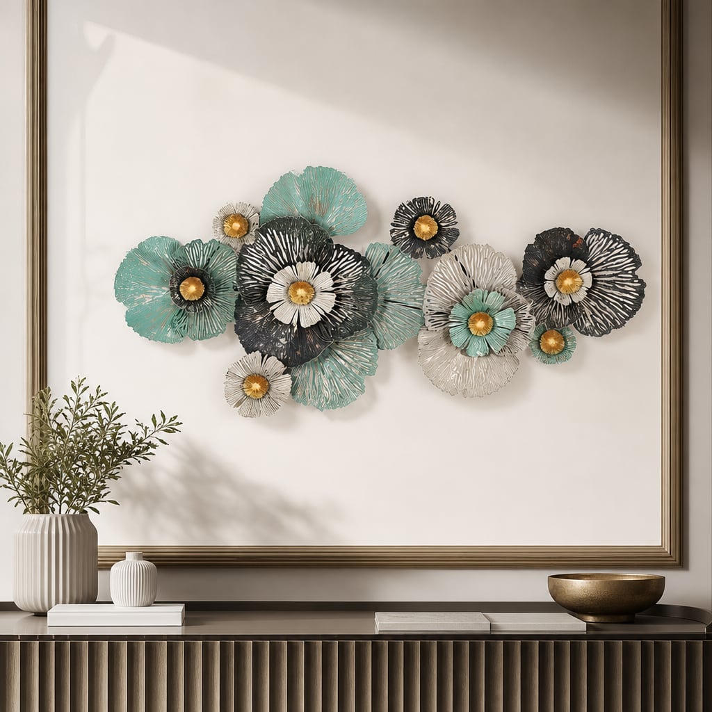 Metall Wanddekoration LuxCanva® FloraHarmony A0662, Metall, Horizontal, Gold, Weiß, Schwarz, Grün, Großformat 159 × 74 × 11 cm