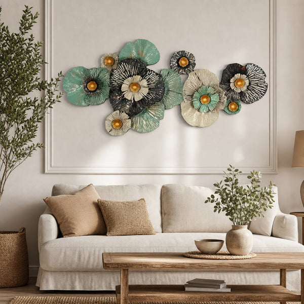 Metall Wanddekoration LuxCanva® FloraHarmony A0662, Metall, Horizontal, Gold, Weiß, Schwarz, Grün, Großformat 159 × 74 × 11 cm