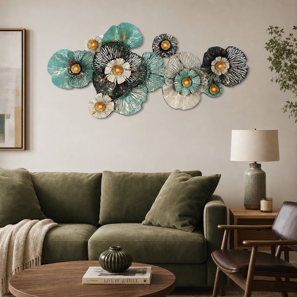 Metall Wanddekoration LuxCanva® FloraHarmony A0662, Metall, Horizontal, Gold, Weiß, Schwarz, Grün, Großformat 159 × 74 × 11 cm