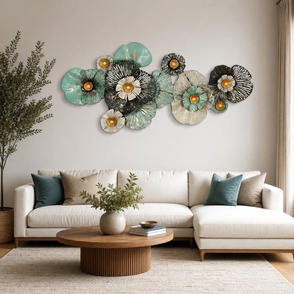 Metall Wanddekoration LuxCanva® FloraHarmony A0662, Metall, Horizontal, Gold, Weiß, Schwarz, Grün, Großformat 159 × 74 × 11 cm