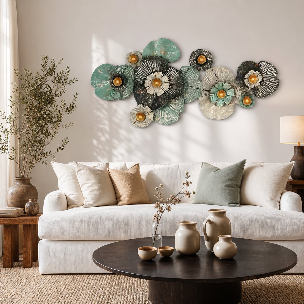 Metall Wanddekoration LuxCanva® FloraHarmony A0662, Metall, Horizontal, Gold, Weiß, Schwarz, Grün, Großformat 159 × 74 × 11 cm