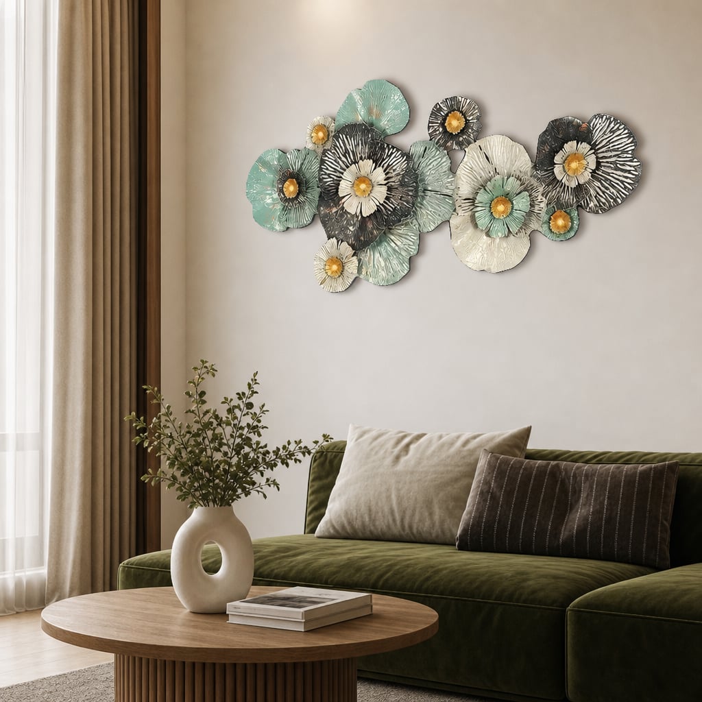 Metall Wanddekoration LuxCanva® FloraHarmony A0662, Metall, Horizontal, Gold, Weiß, Schwarz, Grün, Großformat 159 × 74 × 11 cm
