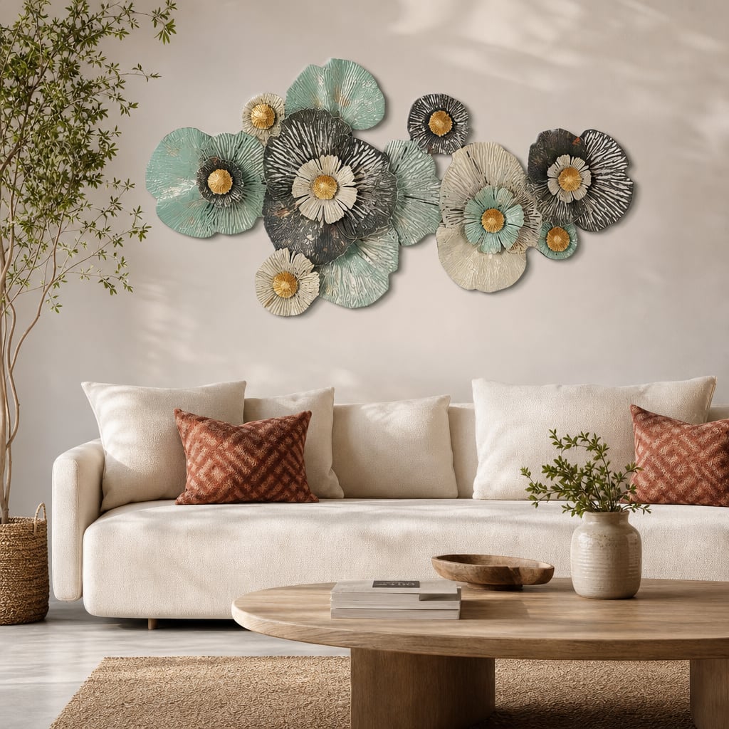 Metall Wanddekoration LuxCanva® FloraHarmony A0662, Metall, Horizontal, Gold, Weiß, Schwarz, Grün, Großformat 159 × 74 × 11 cm