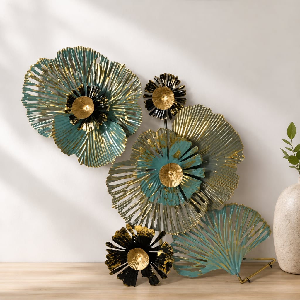 Metall Wanddekoration LuxCanva® FloraHarmony A0662, Metall, Horizontal, Gold, Weiß, Schwarz, Grün, Großformat 159 × 74 × 11 cm