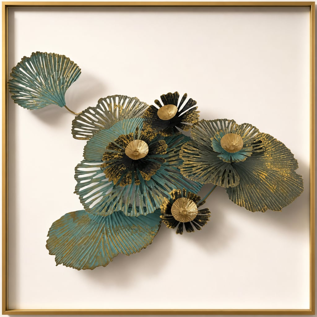 Metall Wanddekoration LuxCanva® FloraHarmony A0662, Metall, Horizontal, Gold, Weiß, Schwarz, Grün, Großformat 159 × 74 × 11 cm