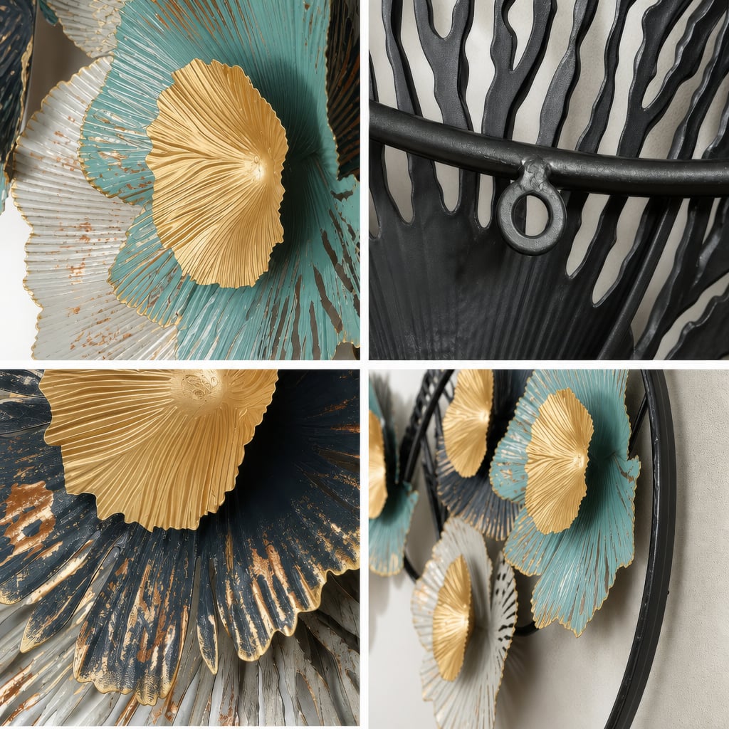 Metall Wanddekoration LuxCanva® FloraHarmony A0662, Metall, Horizontal, Gold, Weiß, Schwarz, Grün, Großformat 159 × 74 × 11 cm
