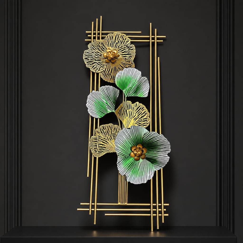 Decoratiune Metalica de Perete LuxCanva® Emerald Bloom A2001, din Metal, Verticala, Auriu, Verde, Dimensiune Mare 85 × 31 cm