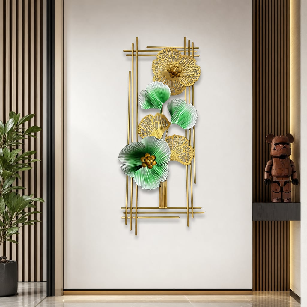 Decoratiune Metalica de Perete LuxCanva® Emerald Bloom A2001, din Metal, Verticala, Auriu, Verde, Dimensiune Mare 85 × 31 cm
