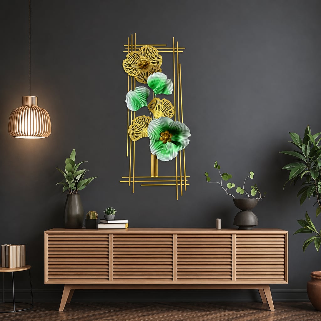 Decoratiune Metalica de Perete LuxCanva® Emerald Bloom A2001, din Metal, Verticala, Auriu, Verde, Dimensiune Mare 85 × 31 cm