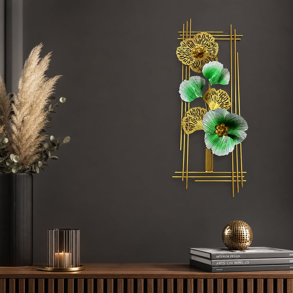 Decoratiune Metalica de Perete LuxCanva® Emerald Bloom A2001, din Metal, Verticala, Auriu, Verde, Dimensiune Mare 85 × 31 cm