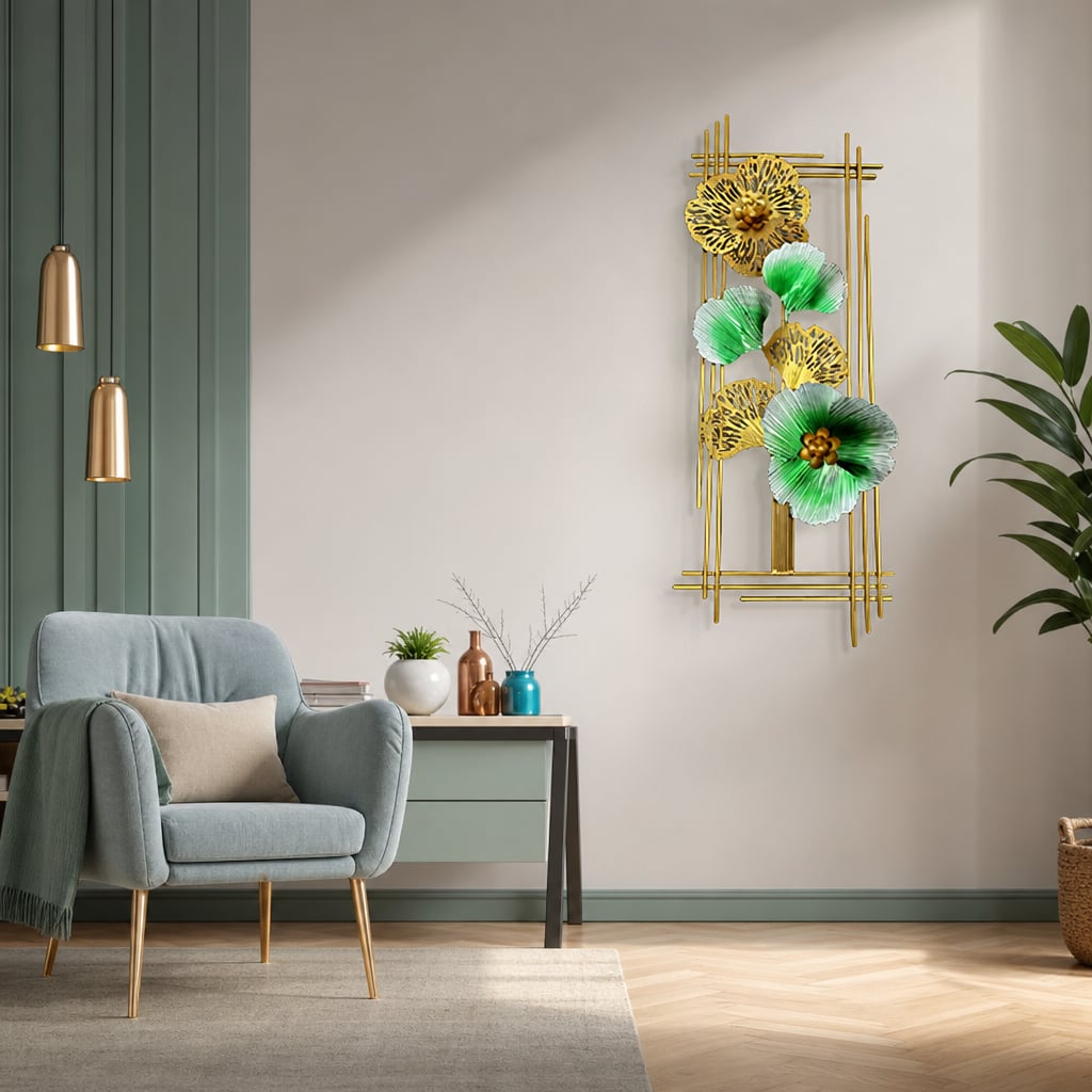 Decoratiune Metalica de Perete LuxCanva® Emerald Bloom A2001, din Metal, Verticala, Auriu, Verde, Dimensiune Mare 85 × 31 cm