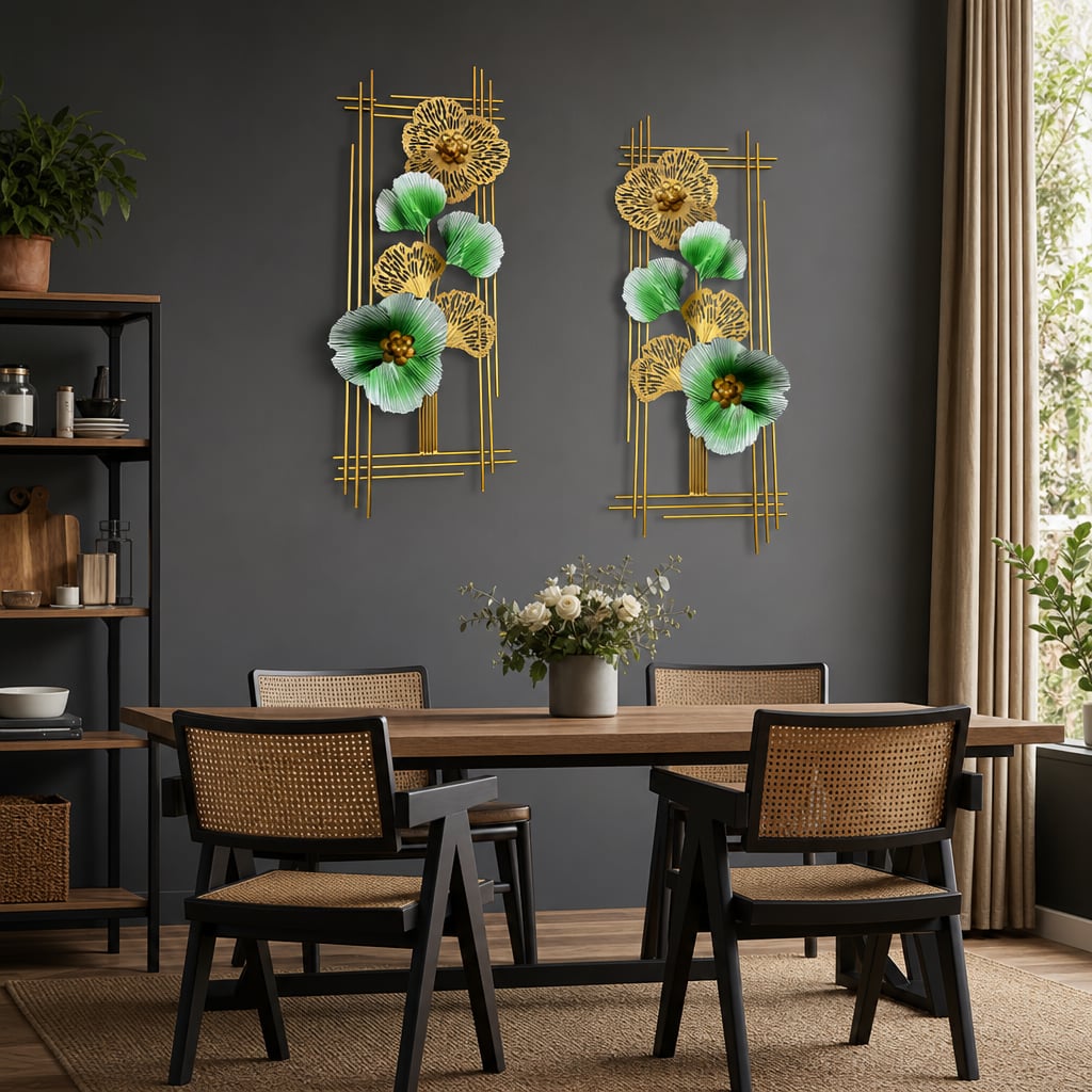 Decoratiune Metalica de Perete LuxCanva® Emerald Bloom A2001, din Metal, Verticala, Auriu, Verde, Dimensiune Mare 85 × 31 cm