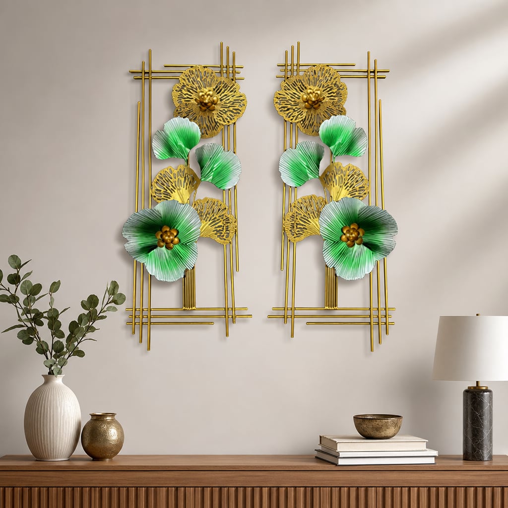 Decoratiune Metalica de Perete LuxCanva® Emerald Bloom A2001, din Metal, Verticala, Auriu, Verde, Dimensiune Mare 85 × 31 cm