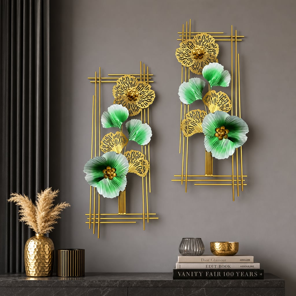 Decoratiune Metalica de Perete LuxCanva® Emerald Bloom A2001, din Metal, Verticala, Auriu, Verde, Dimensiune Mare 85 × 31 cm