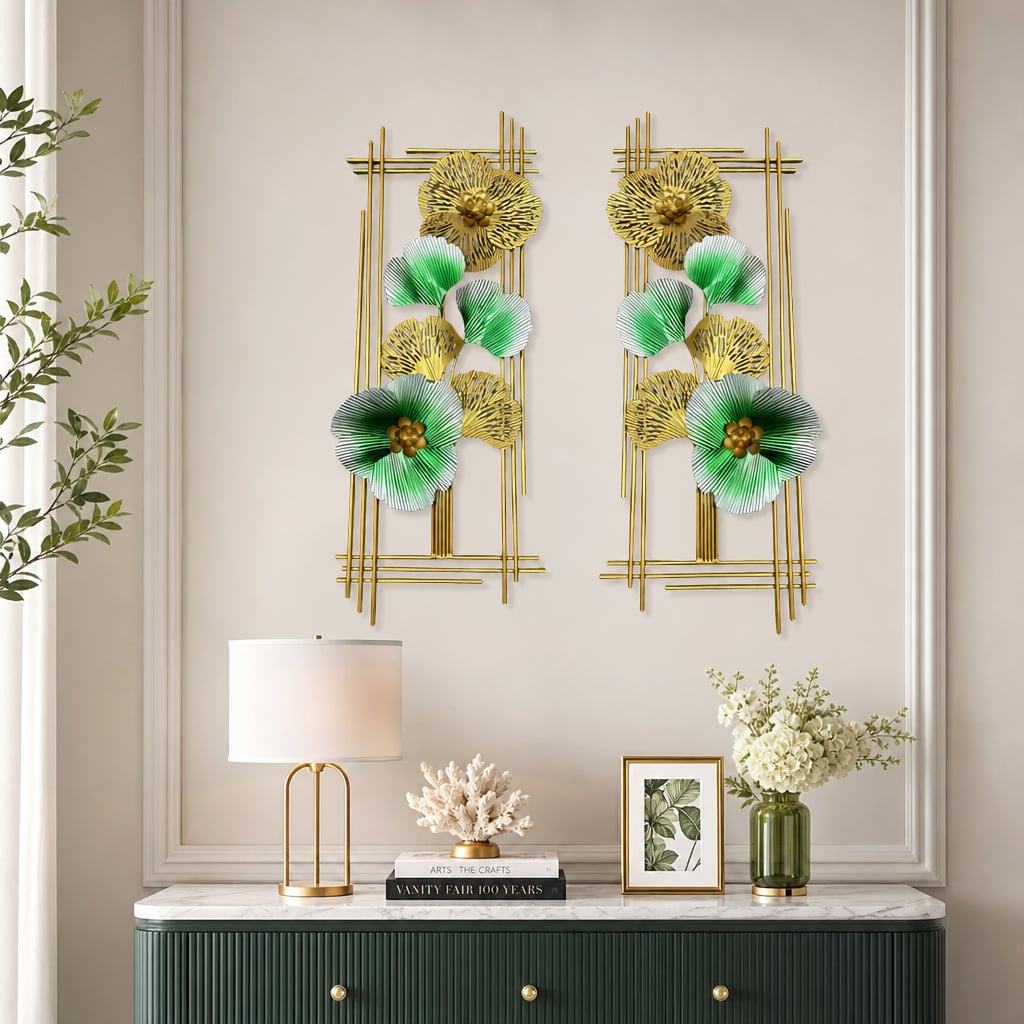 Decoratiune Metalica de Perete LuxCanva® Emerald Bloom A2001, din Metal, Verticala, Auriu, Verde, Dimensiune Mare 85 × 31 cm