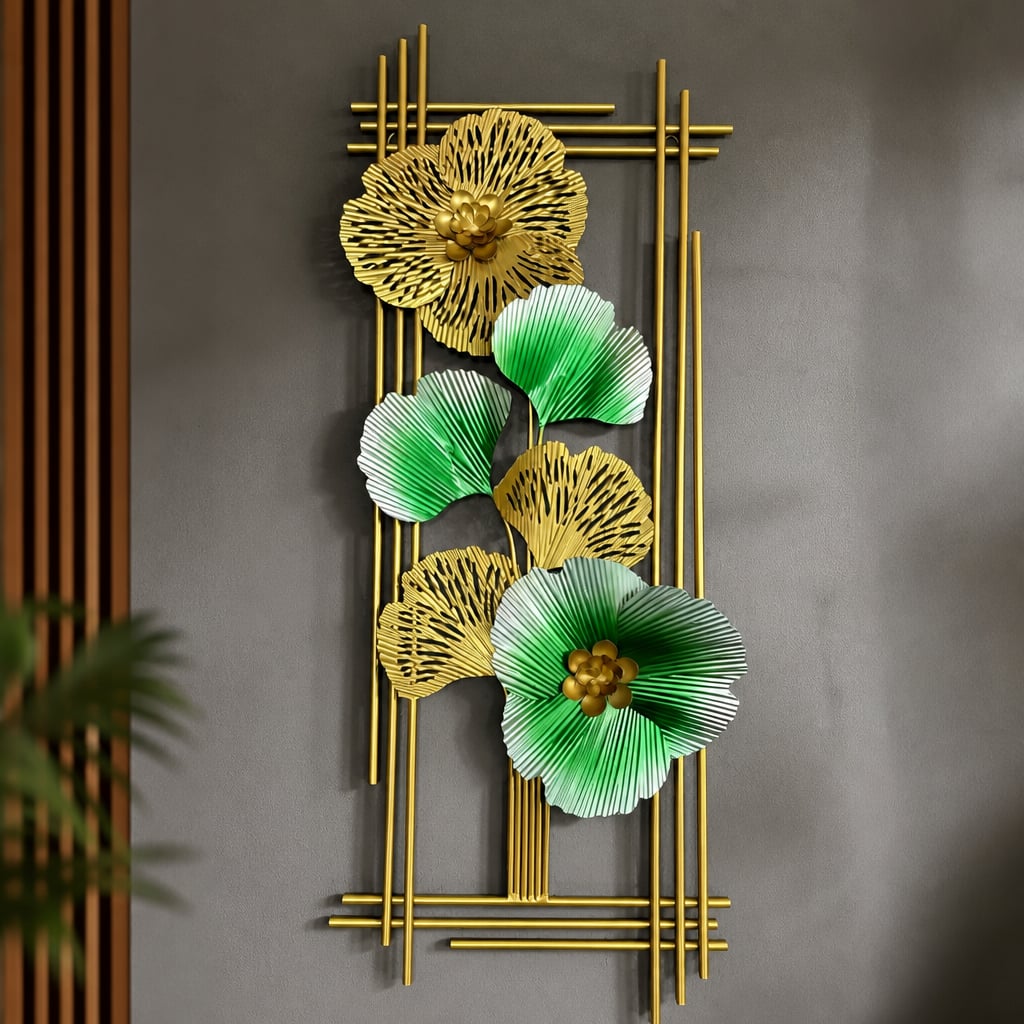 Decoratiune Metalica de Perete LuxCanva® Emerald Bloom A2001, din Metal, Verticala, Auriu, Verde, Dimensiune Mare 85 × 31 cm