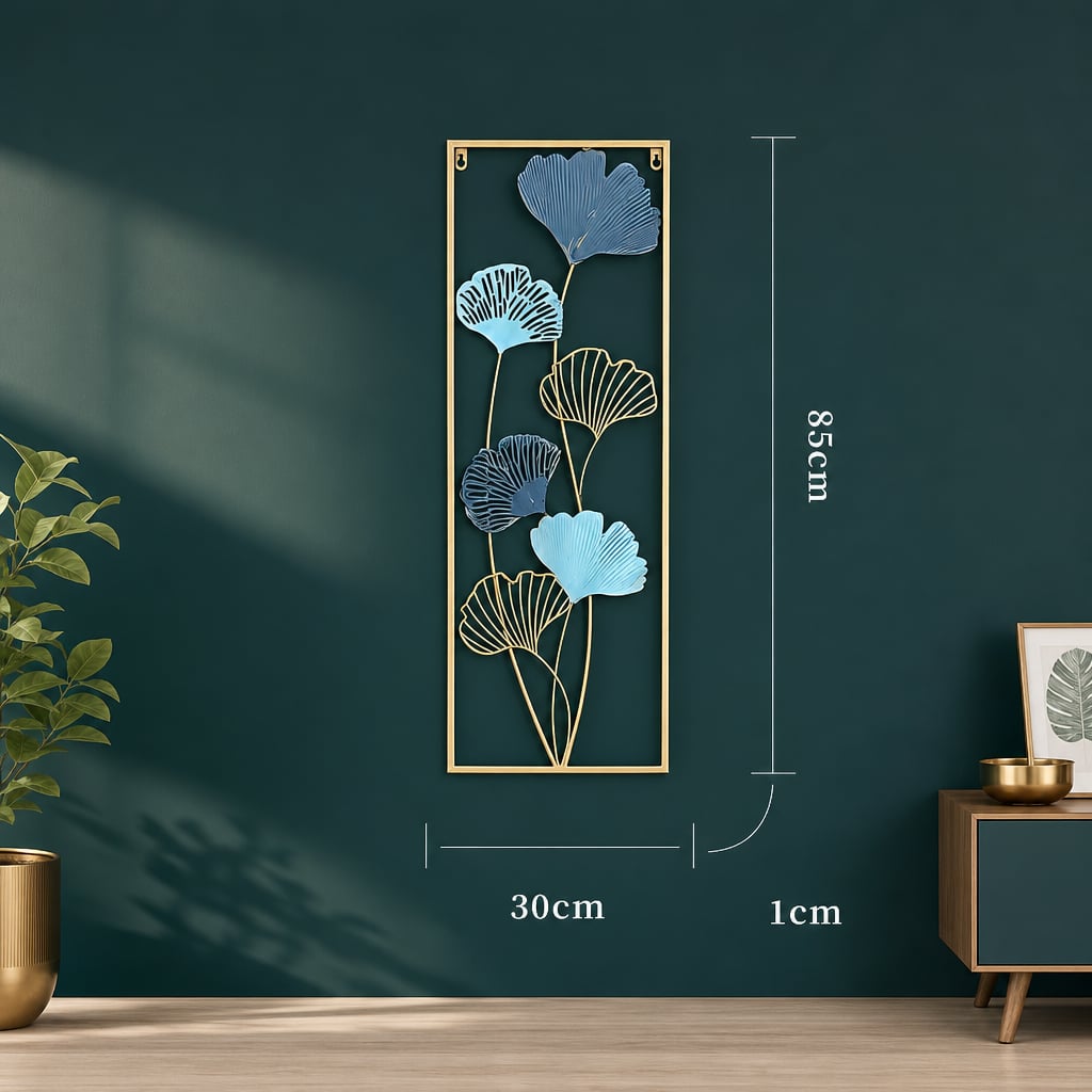 Decoratiune Metalica de Perete LuxCanva® Blue Petal Contour A2926R, din Metal, Verticala, Auriu, Bleu, Gri Petrol, Dimensiune Mare 30 × 85 × 2 cm