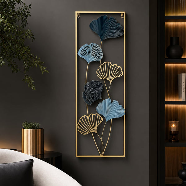 Metallwanddekoration LuxCanva® Blaue Blütenkontur A2926R, Metall, vertikal, Gold, Blau, Petrolgrau, Großformat 30 × 85 × 2 cm