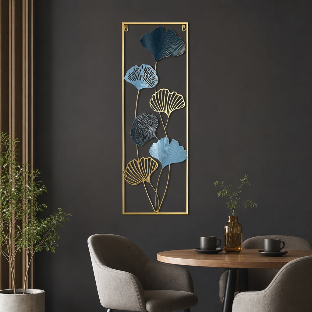 Decoratiune Metalica de Perete LuxCanva® Blue Petal Contour A2926R, din Metal, Verticala, Auriu, Bleu, Gri Petrol, Dimensiune Mare 30 × 85 × 2 cm
